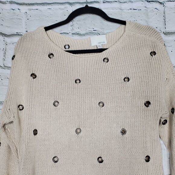 Greylin Anthropoligie Beige Long Sleeve Metal Eyelet Sweater Size Small - Picture 9 of 10